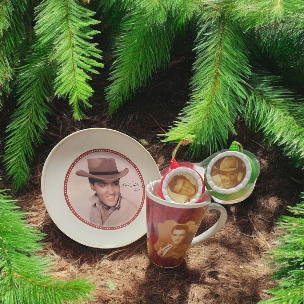 Elvis‎ Presley Rare Collectible Set Mug, Ornaments, and Plate 4 pieces. Nwot